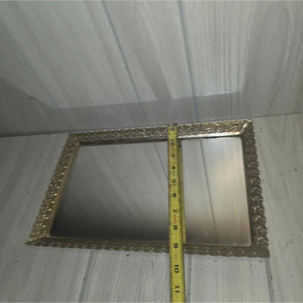 Vintage Fillagree Gold Tone Rectangle Mirrored Vanity Tray Trinket Display